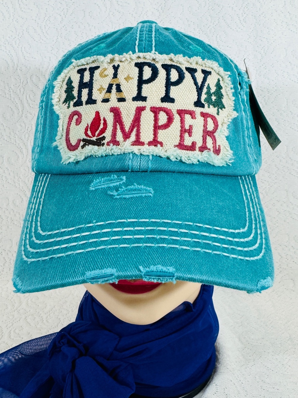 New Happy Camper Teal Embroidered Baseball Cap Hat Adjustable back